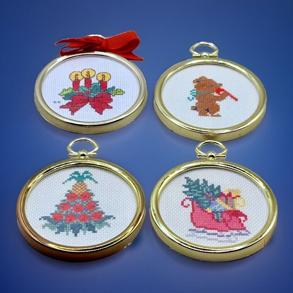 Vintage Cross Stitch Christmas Ornaments Handmade Tree, Bear, Candles Lot of 4